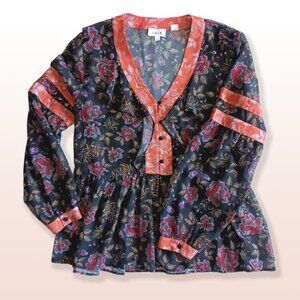 LAIA Floral Top Flounce Peach Stripe Accents Black Buttons Cuffed Sleeves Size L